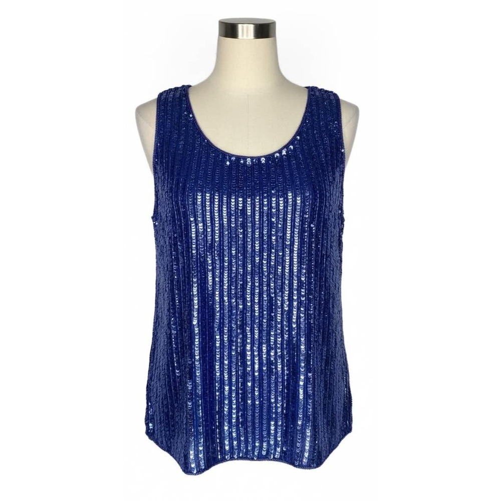 Vintage Metamorphosis Blue Sequin Beaded Blouse Silk Lined Y2K Sleeveless Top S
